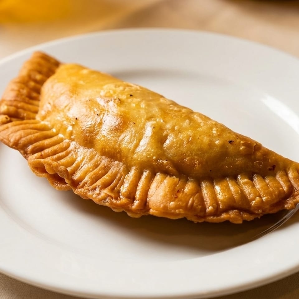 Golden-brown empanada with crimped edges on a white plate, resting on a light-colored tablecloth.