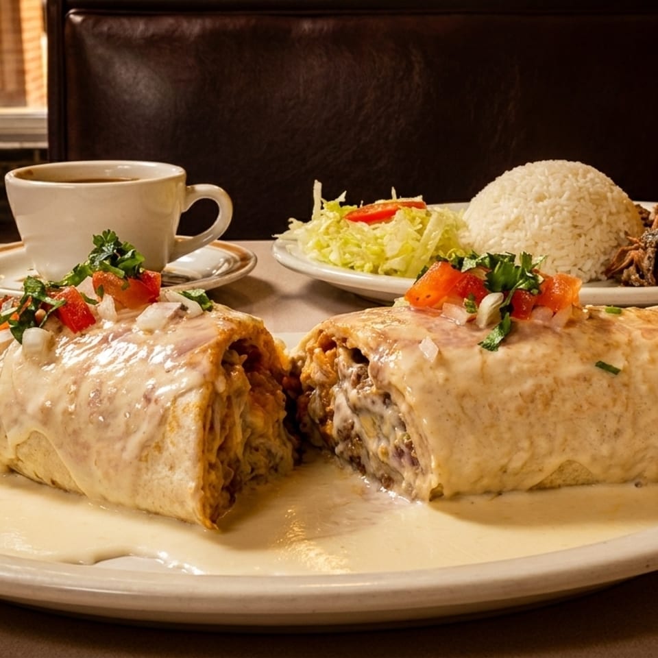 Two burritos covered in white sauce and pico de gallo, with rice, shredded meat, and salad.