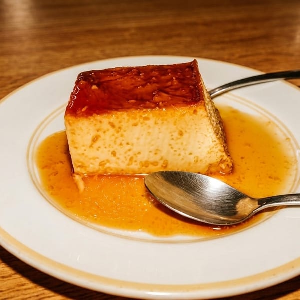 A slice of flan with caramel sauce on a white plate with a spoon on a wooden table.