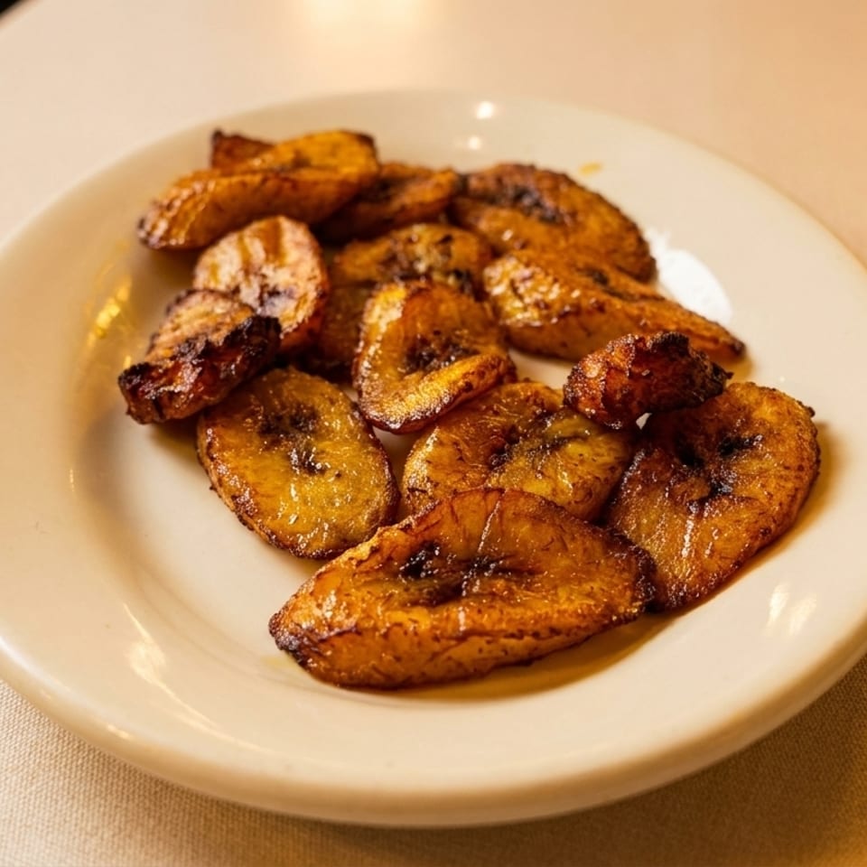 A white plate filled with golden-brown fried plantains, some with caramelized edges, on a light tablecloth.